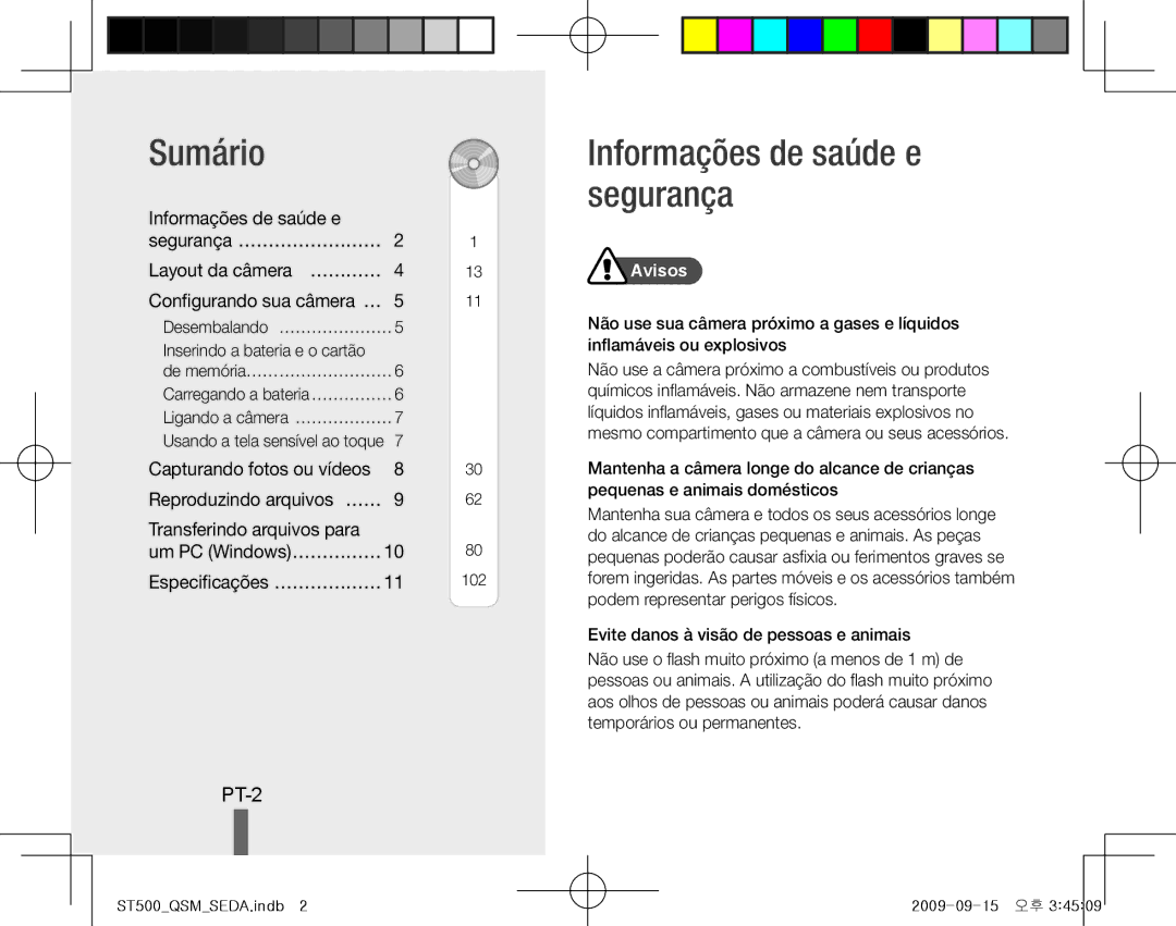 Samsung EC-ST500ZBASE1 manual Sumário, Informações de saúde e segurança, PT-2, Informações de saúde e Segurança……………………… 