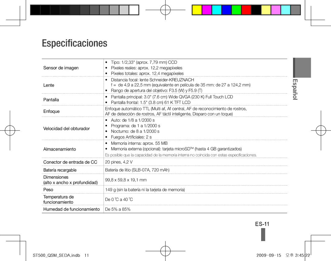 Samsung EC-ST500ZBPSSA, EC-ST510ZBPRE1, EC-ST500ZBPRIT manual Especificaciones, ES-11, Batería recargable Dimensiones 