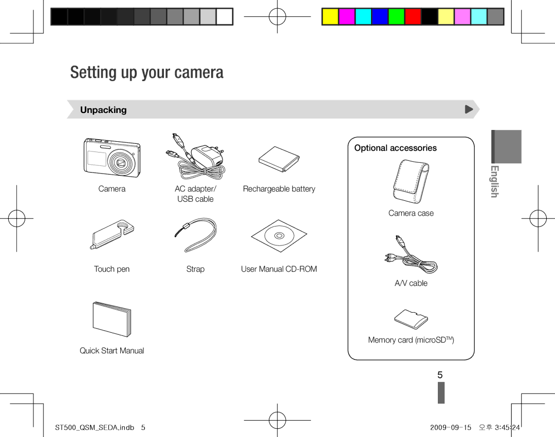 Samsung EC-ST500ZBPRSA, EC-ST510ZBPRE1, EC-ST500ZBPRIT manual Setting up your camera, Unpacking, Optional accessories, Camera 