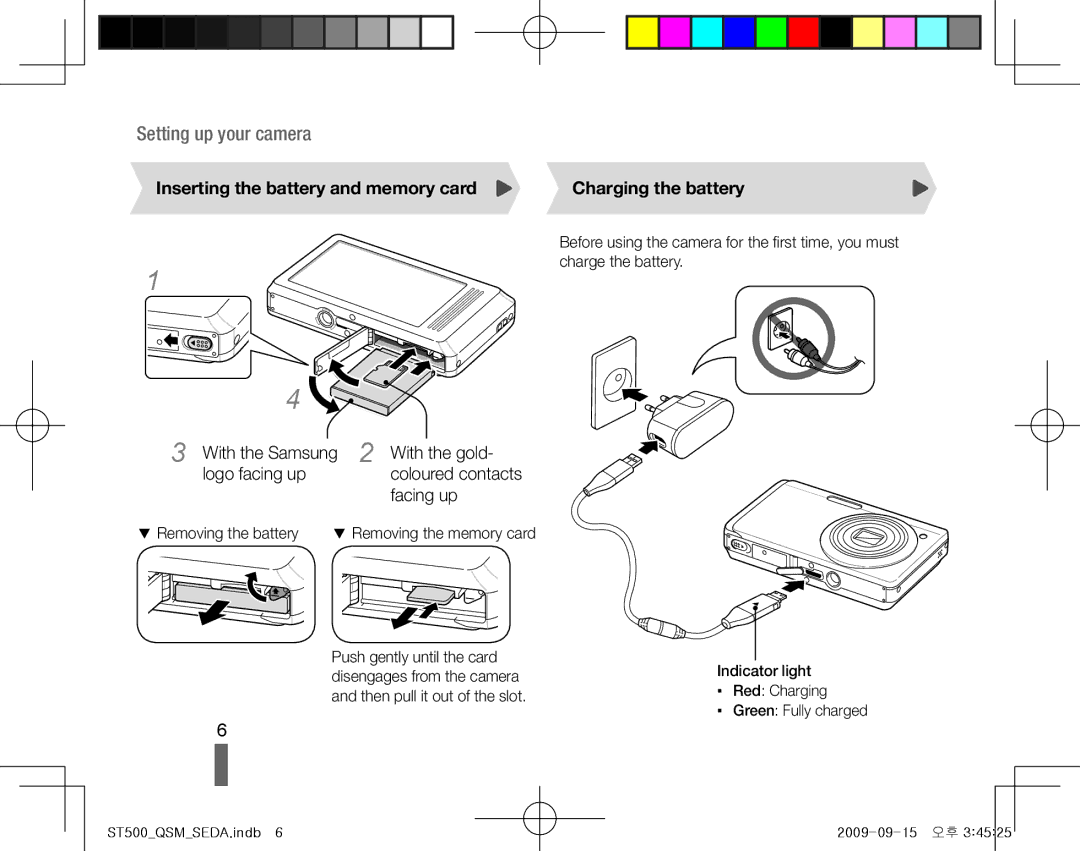 Samsung EC-ST500ZDPSME manual Inserting the battery and memory card Charging the battery, With the gold, Facing up 