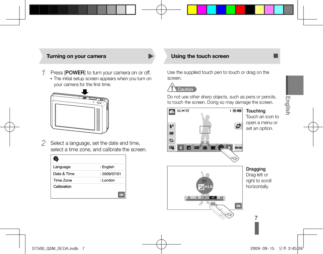 Samsung EC-ST500ZBPRDZ, EC-ST510ZBPRE1, EC-ST500ZBPRIT manual Turning on your camera, Using the touch screen, Horizontally 