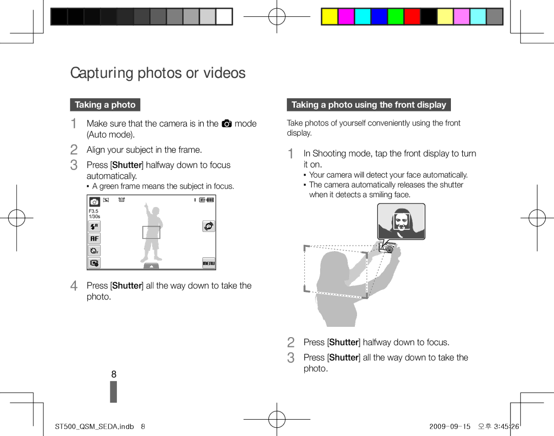 Samsung ES-ST500ZSAUCN, EC-ST510ZBPRE1, EC-ST500Z Capturing photos or videos, Taking a photo using the front display 