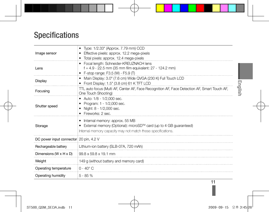 Samsung EC-ST500ZBPUVN, EC-ST510ZBPRE1, EC-ST500ZBPRIT, EC-ST500ZBASE1, EC-ST500ZBPSIT, EC-ST500ZBPSFR manual Specifications 