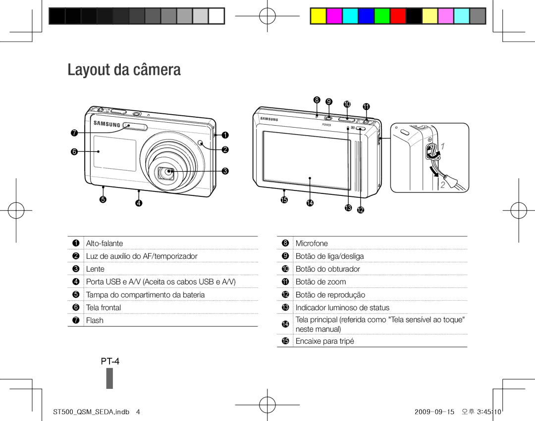 Samsung EC-ST500ZBPSFR, EC-ST510ZBPRE1, EC-ST500ZBPRIT, EC-ST500ZBASE1, EC-ST500ZBPSIT manual Layout da câmera, PT-4, Microfone 