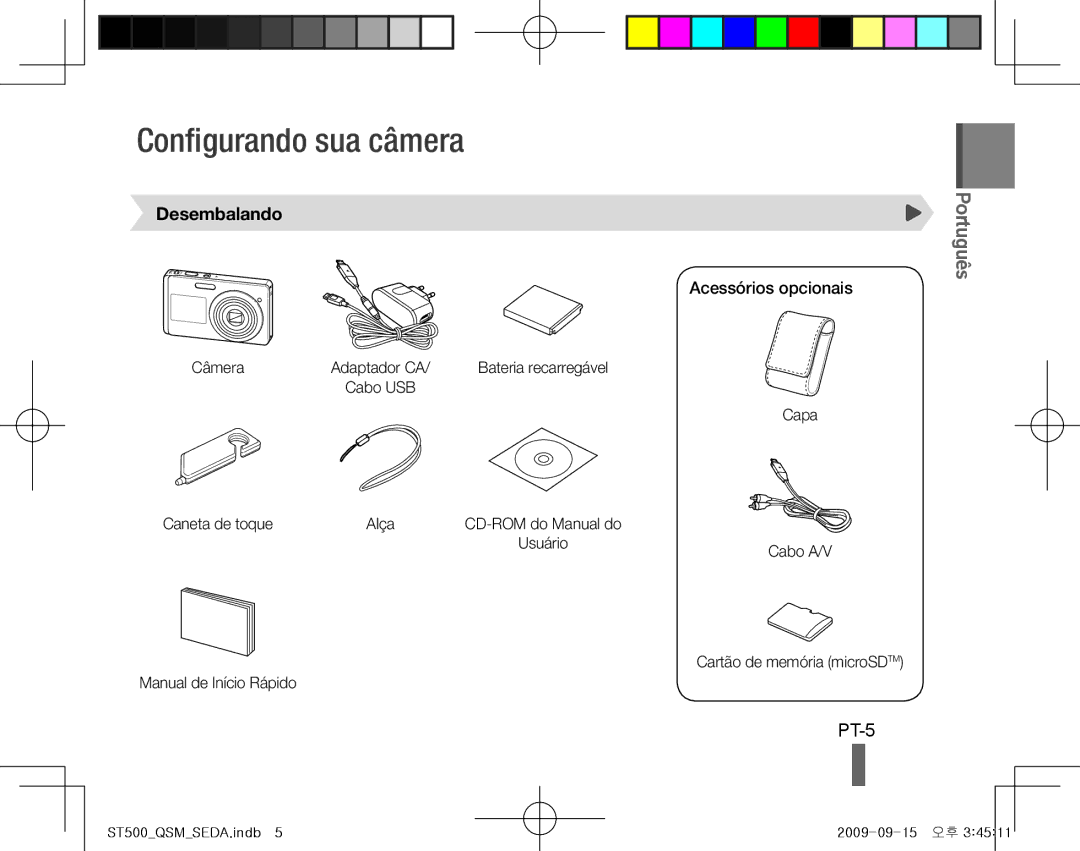 Samsung EC-ST500ZBPUAU, EC-ST510ZBPRE1, EC-ST500ZBPRIT Configurando sua câmera, PT-5, Desembalando, Acessórios opcionais 