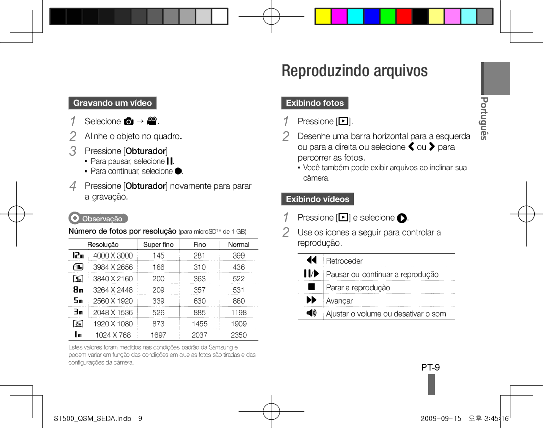 Samsung EC-ST500ZBAAFR Reproduzindo arquivos, PT-9, Gravando um vídeo, Pressione Obturador novamente para parar a gravação 