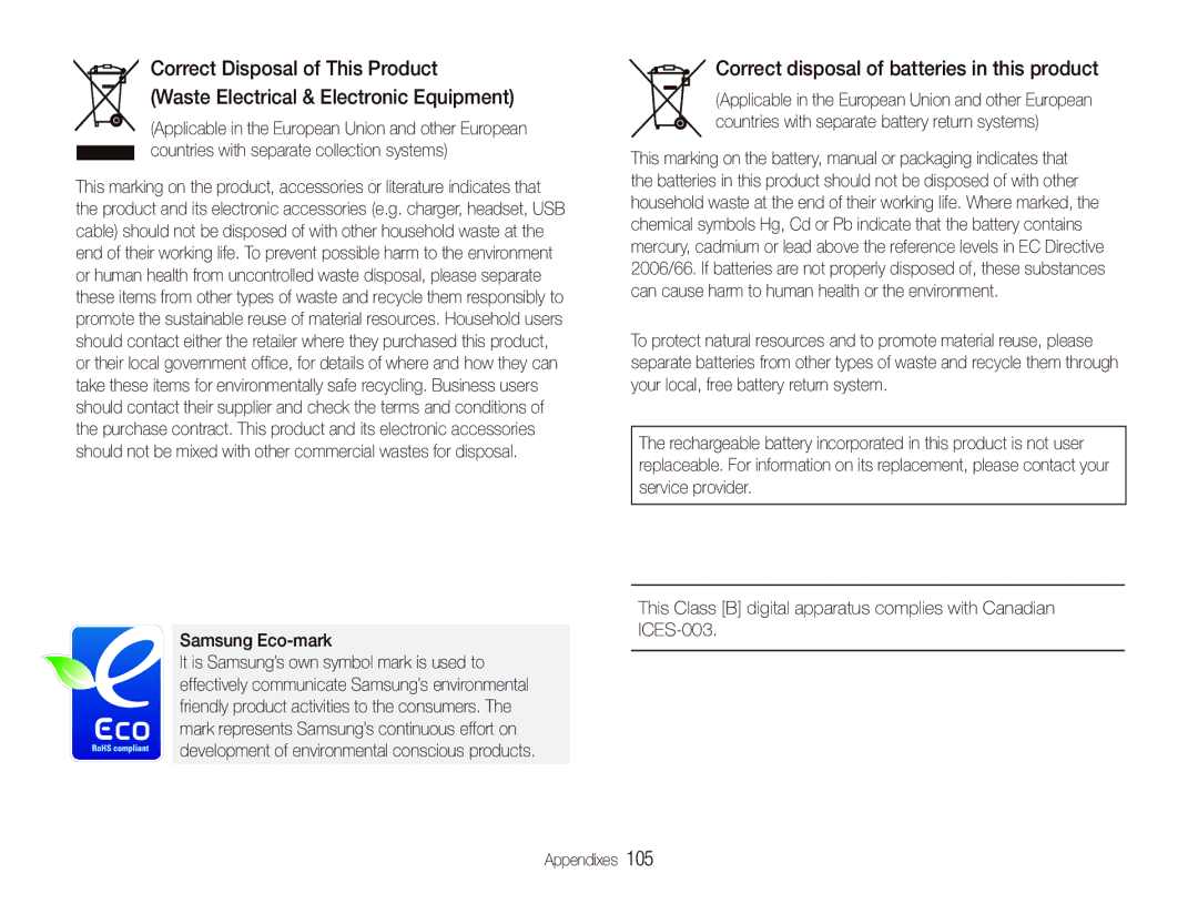 Samsung EC-ST500ZDPUAS, EC-ST510ZBPRE1, EC-ST500ZBPRIT manual Correct disposal of batteries in this product, Samsung Eco-mark 
