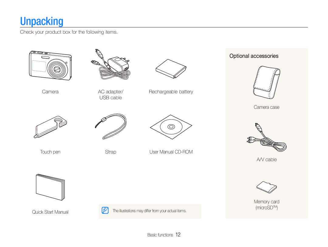 Samsung EC-ST500ZBPUIT manual Unpacking, Check your product box for the following items Camera, Optional accessories 