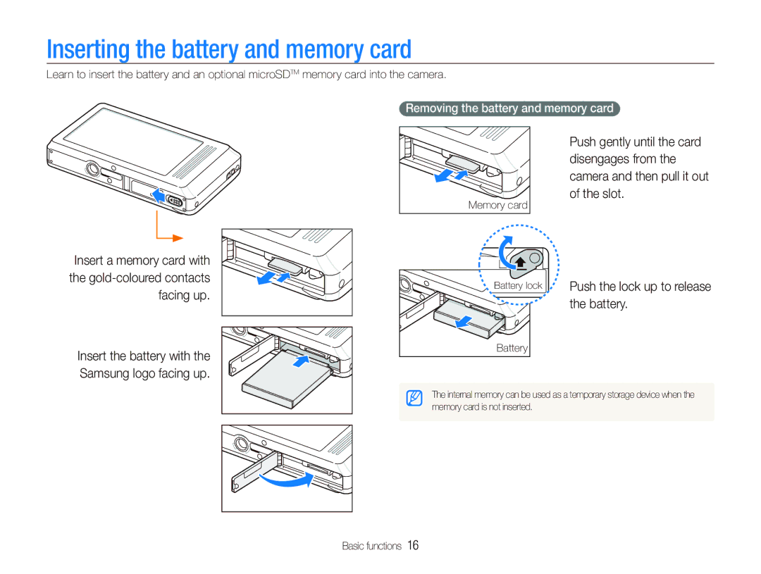 Samsung ES-ST500ZSARCN, EC-ST500Z Inserting the battery and memory card, Battery, Removing the battery and memory card 