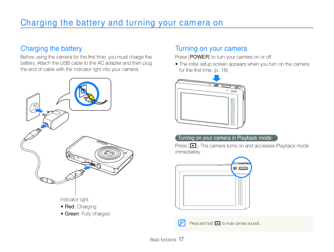 Samsung EC-ST500ZDPRME, EC-ST510ZBPRE1 manual Charging the battery and turning your camera on, Turning on your camera 