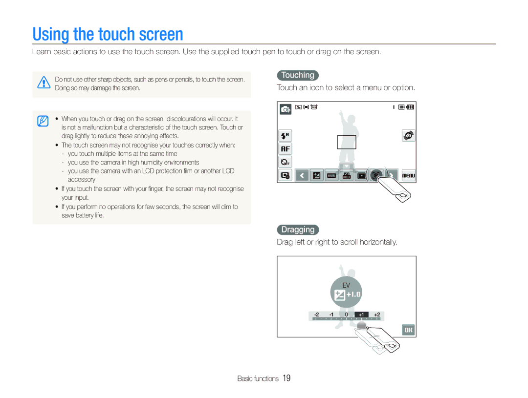 Samsung EC-ST500ZBPSDX manual Using the touch screen, Touching, Dragging, Touch an icon to select a menu or option 