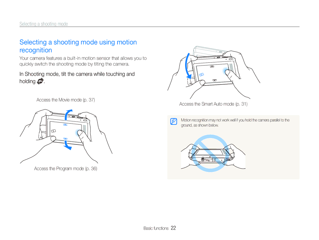 Samsung EC-ST500ZBPSDZ, EC-ST510ZBPRE1, EC-ST500ZBPRIT, EC-ST500ZBASE1 Selecting a shooting mode using motion recognition 