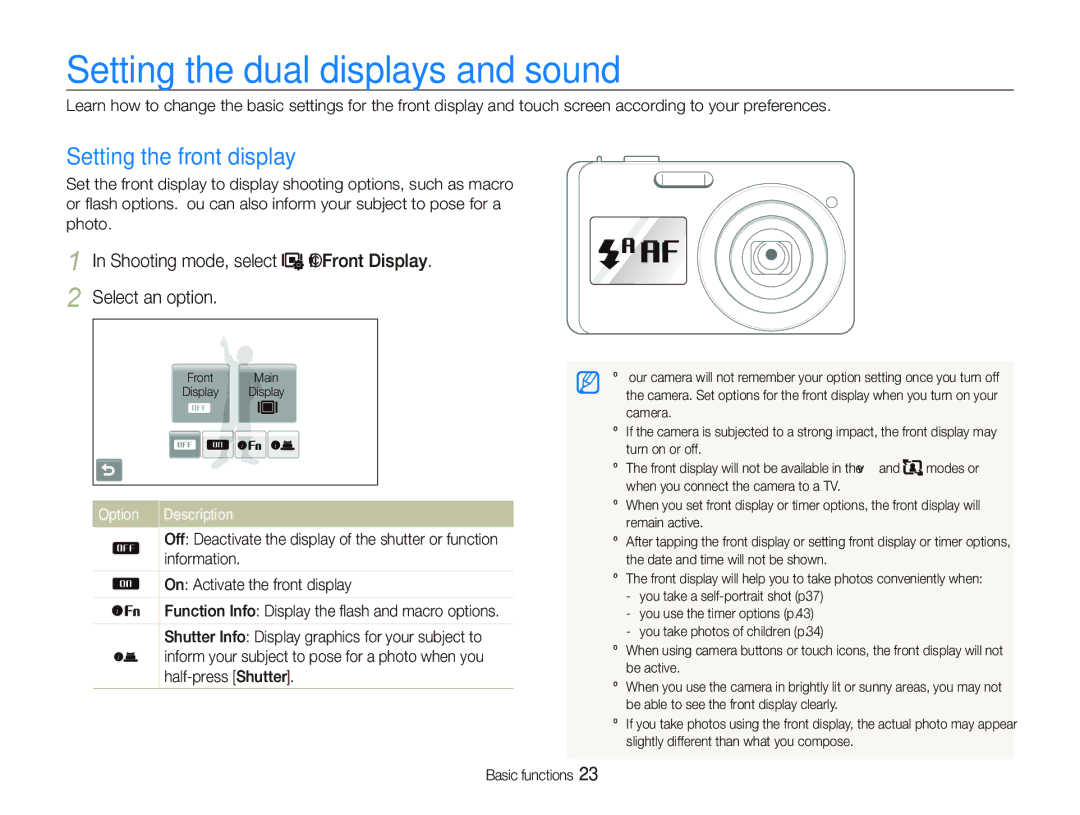 Samsung EC-ST500ZBPRDX, EC-ST510ZBPRE1 Setting the dual displays and sound, Setting the front display, Option Description 