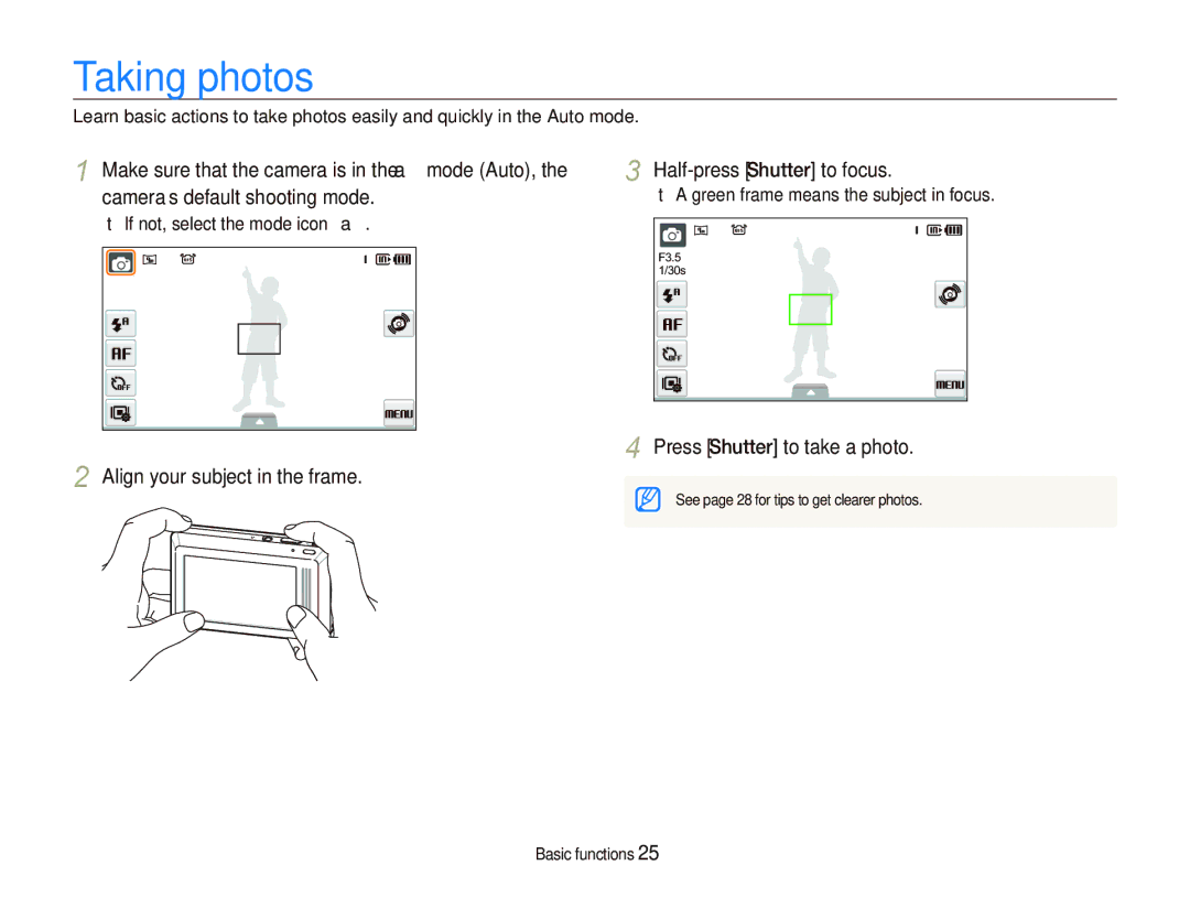 Samsung EC-ST500ZDPSME, EC-ST510ZBPRE1 manual Taking photos, Align your subject in the frame Half-press Shutter to focus 