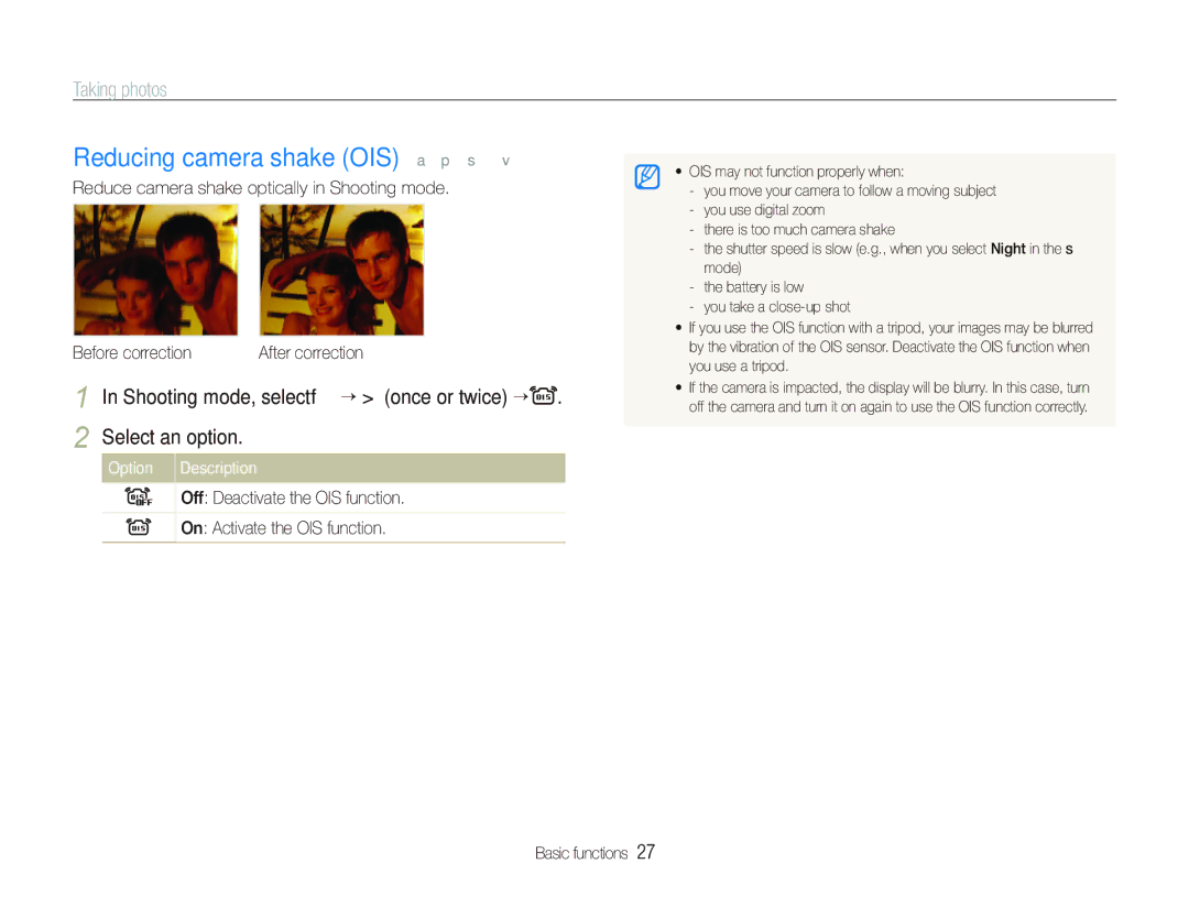 Samsung ES-ST500ZSAUCN manual Reducing camera shake OIS a p s, Shooting mode, select f “ once or twice “ Select an option 