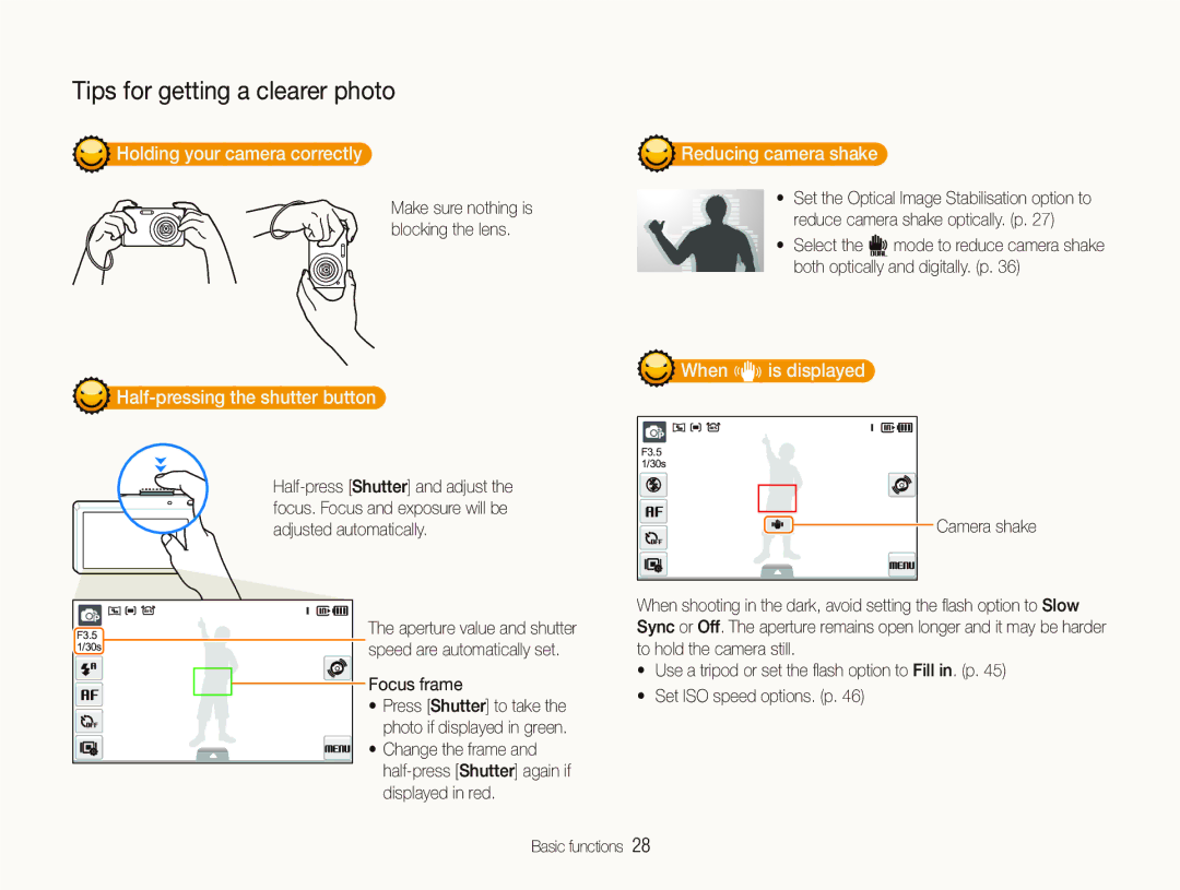 Samsung ES-ST500ZSASCN Holding your camera correctly, Half-pressing the shutter button, Reducing camera shake, Focus frame 