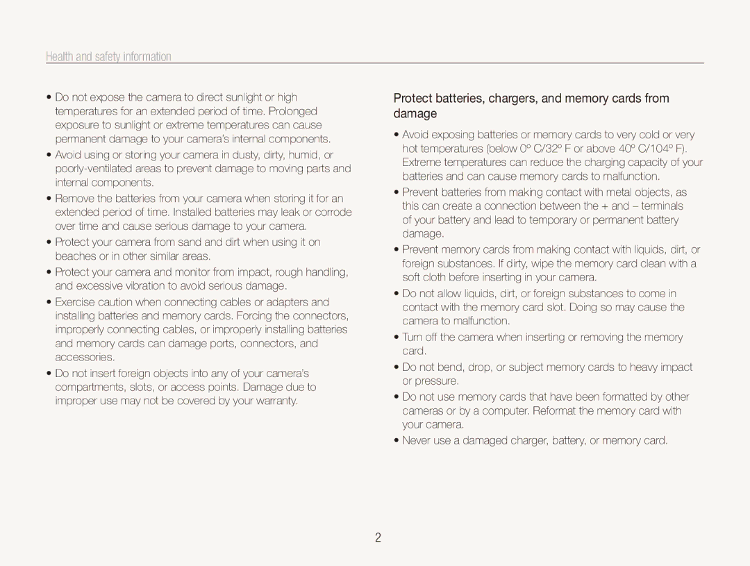 Samsung EC-ST500ZBPSIT manual Health and safety information, Protect batteries, chargers, and memory cards from damage 