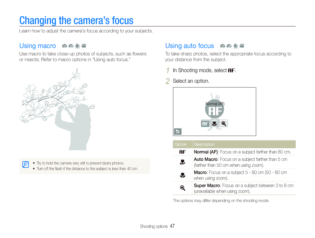 Samsung EC-ST500ZBPSIT manual Changing the camera’s focus, Using macro a p d, Using auto focus a p d, Shooting mode, select 