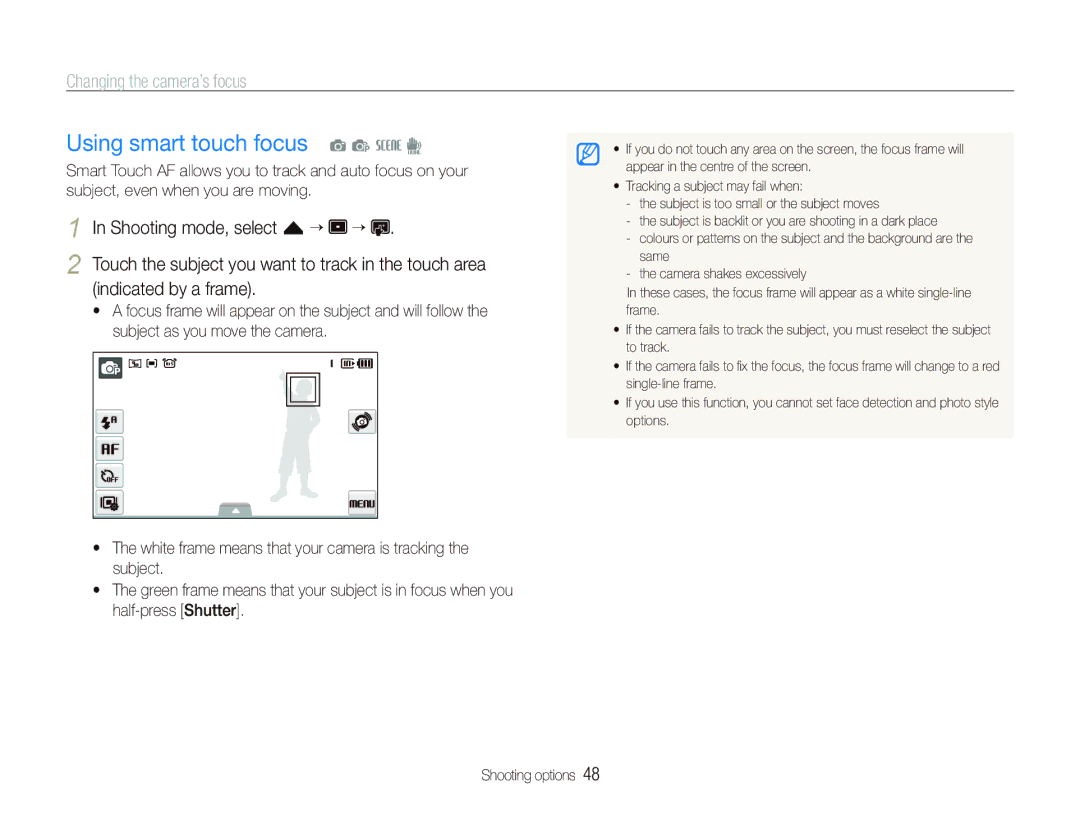 Samsung EC-ST500ZBPSFR manual Using smart touch focus a p s d, Changing the camera’s focus, Shooting mode, select f “ “ 