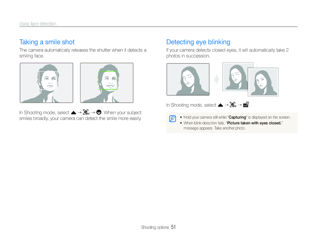 Samsung EC-ST500ZBPSE1, EC-ST510ZBPRE1, EC-ST500ZBPRIT Taking a smile shot, Detecting eye blinking, Using face detection 