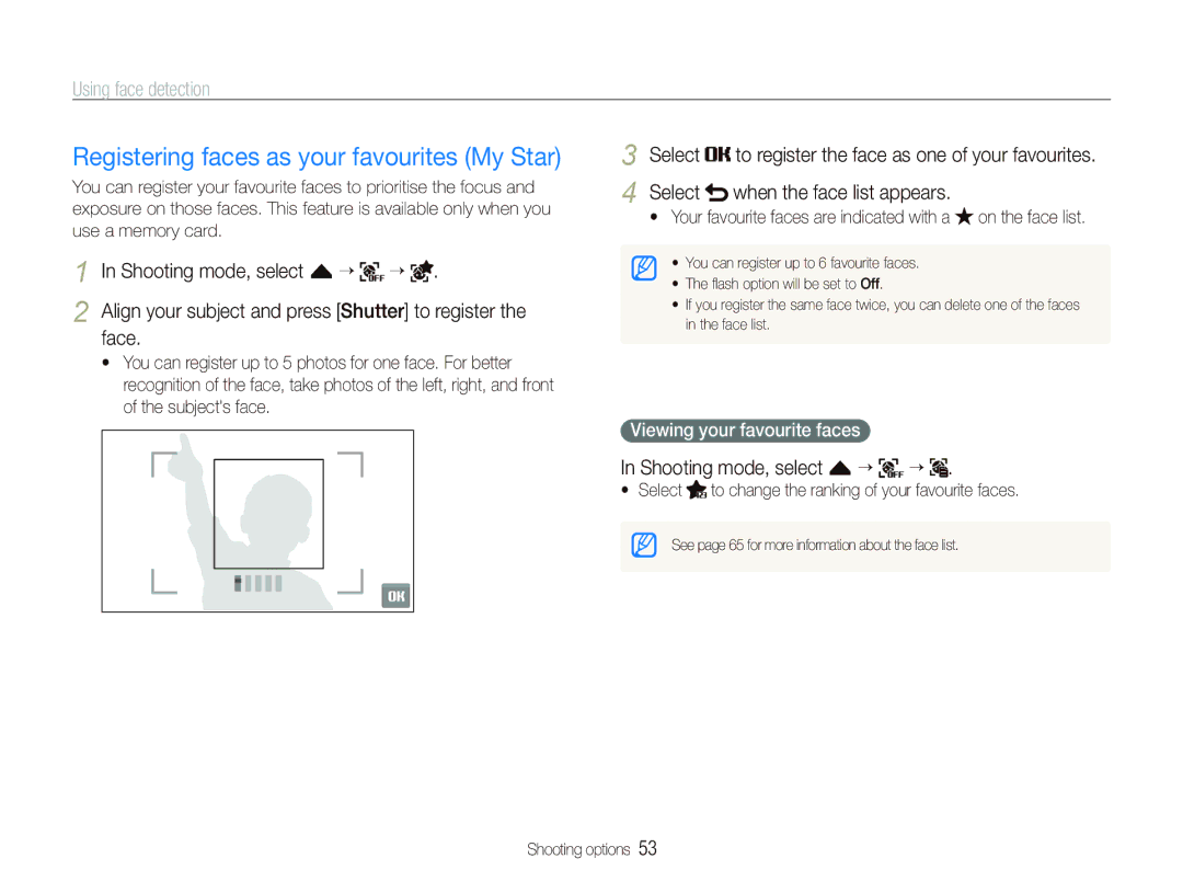 Samsung EC-ST500ZBAAFR, EC-ST510ZBPRE1 manual Registering faces as your favourites My Star, Shooting mode, select f “, Face 
