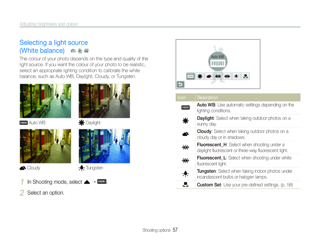 Samsung EC-ST500ZBPUIT manual Selecting a light source White balance p d, Shooting mode, select f ““ Select an option 