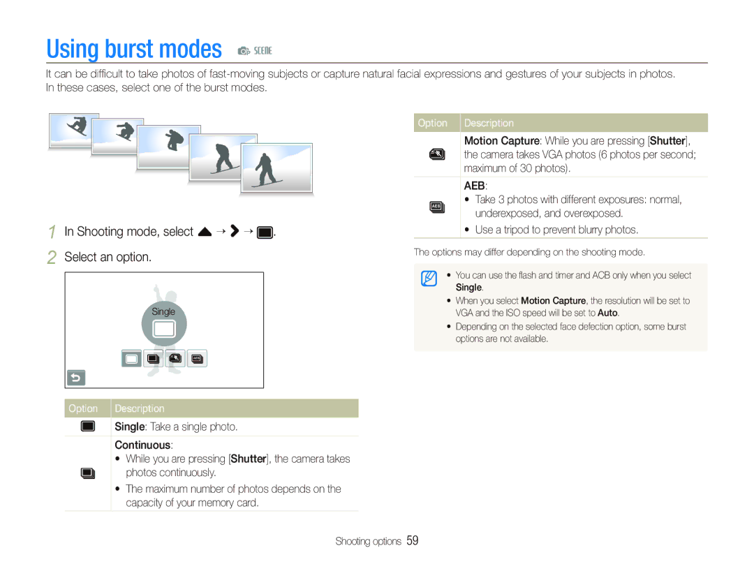 Samsung EC-ST510ZBPRE1, EC-ST500ZBPRIT manual Using burst modes p s, Shooting mode, select f “ “ Select an option 