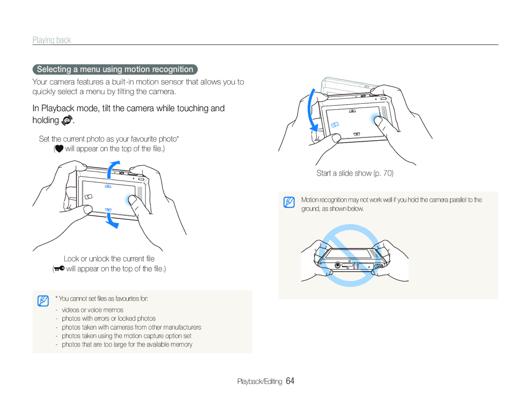 Samsung EC-ST500ZBPSDX manual Playing back, Playback mode, tilt the camera while touching and holding, Start a slide show p 