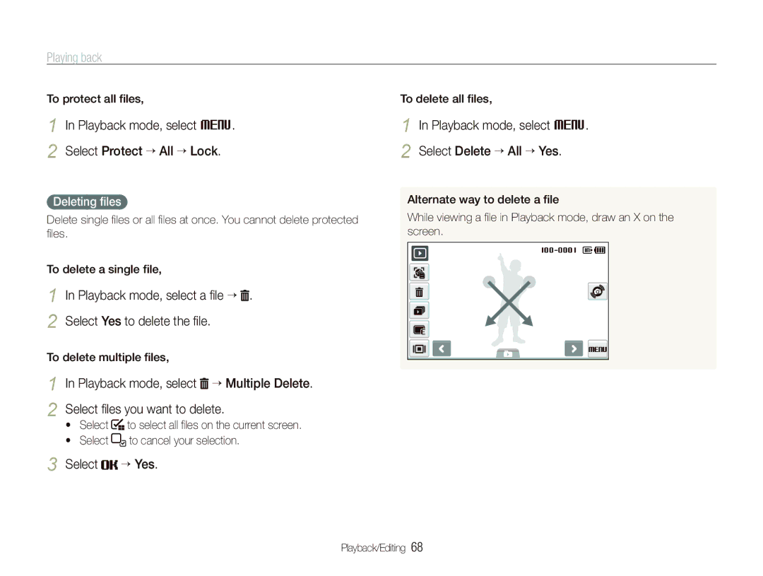 Samsung EC-ST500ZBPRDX, EC-ST510ZBPRE1 Playback mode, select M Select Protect ““All ““Lock, Select “ Yes, Deleting ﬁles 