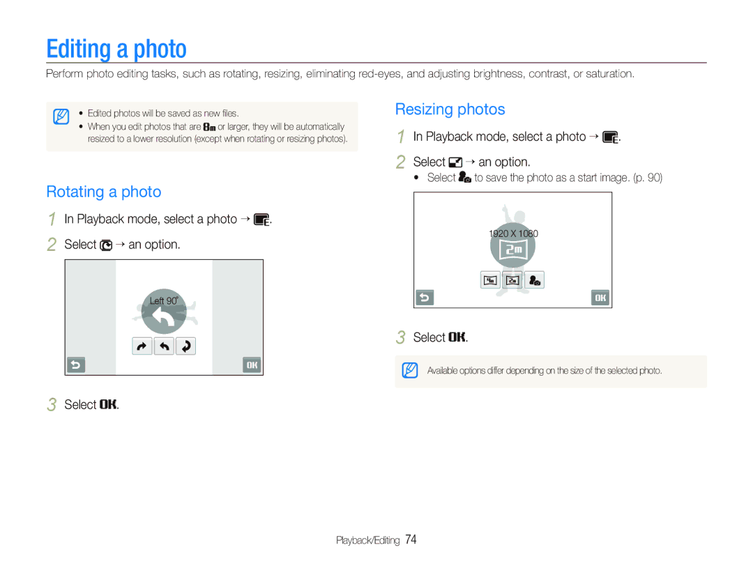 Samsung EC-ST500ZBPSVN, EC-ST510ZBPRE1, EC-ST500ZBPRIT, EC-ST500ZBASE1 Editing a photo, Rotating a photo, Resizing photos 