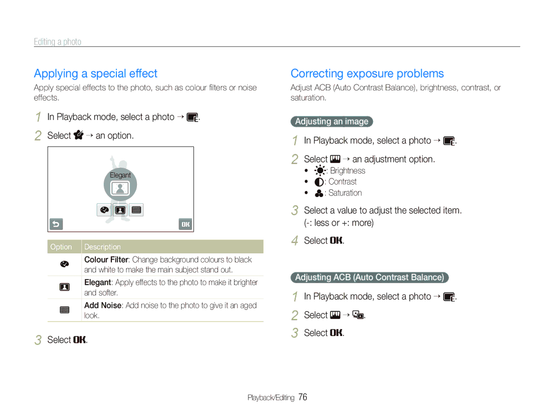 Samsung EC-ST500ZBPRVN Applying a special effect, Correcting exposure problems, Playback mode, select a photo “ Select “ 