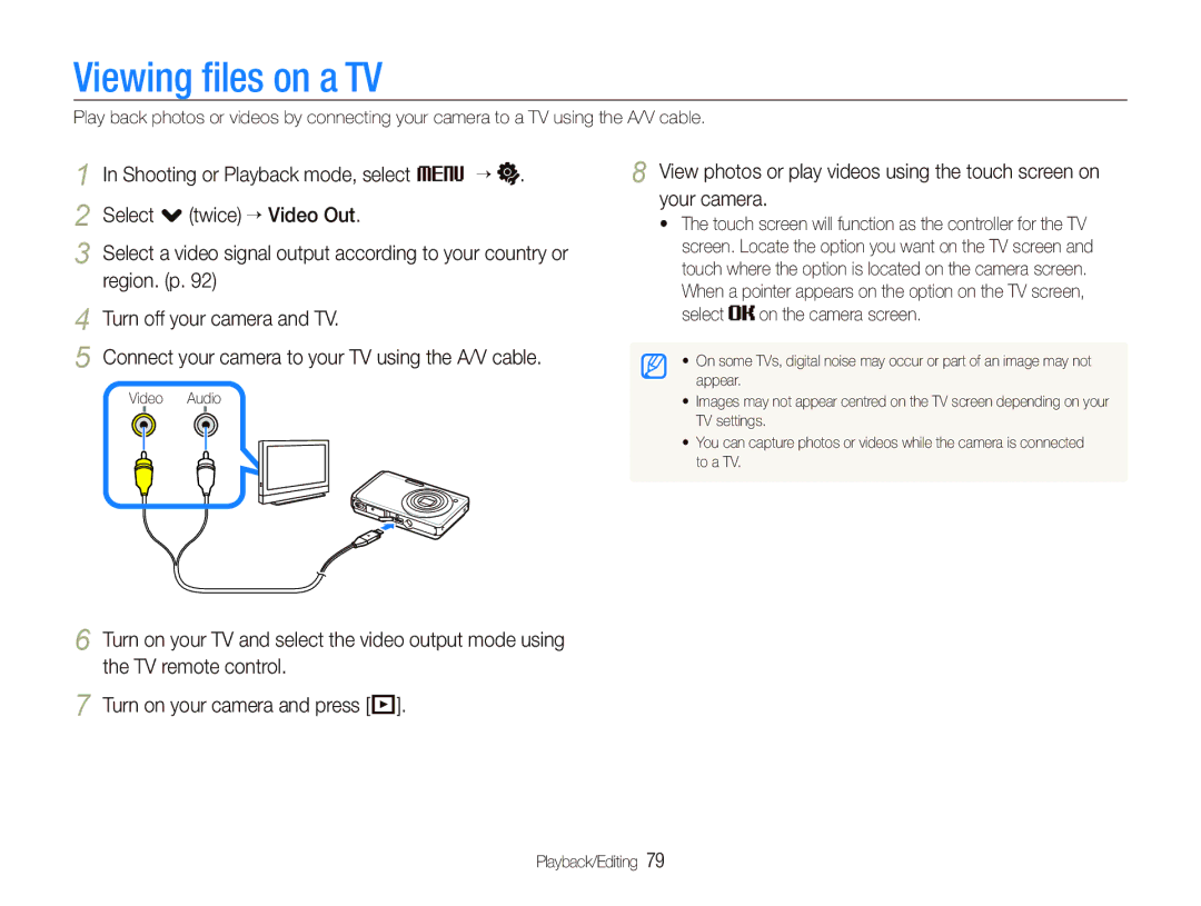 Samsung EC-ST500ZBPUE3, EC-ST510ZBPRE1, EC-ST500ZBPRIT, EC-ST500ZBASE1 Viewing ﬁles on a TV, Select on the camera screen 