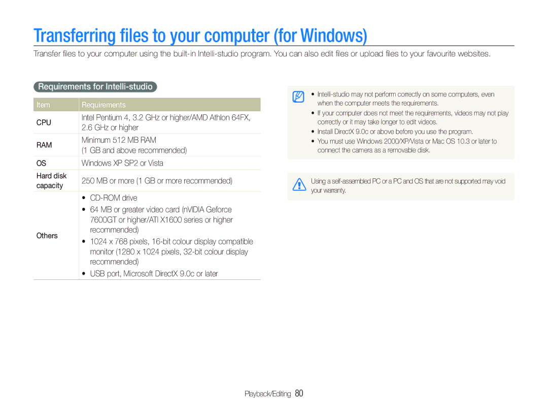 Samsung EC-ST500ZBPRE2, EC-ST510ZBPRE1 Transferring ﬁles to your computer for Windows, Requirements for Intelli-studio 