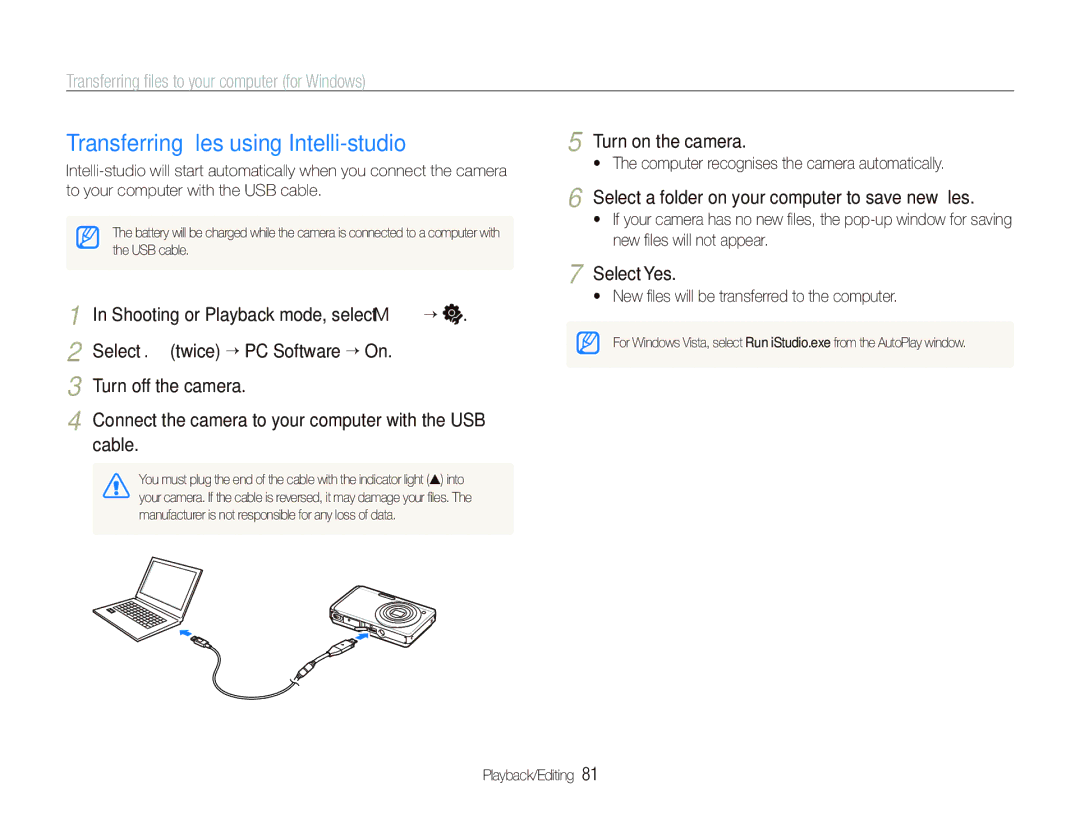 Samsung EC-ST510ZBPSE2 manual Transferring ﬁles using Intelli-studio, Transferring ﬁles to your computer for Windows, Cable 