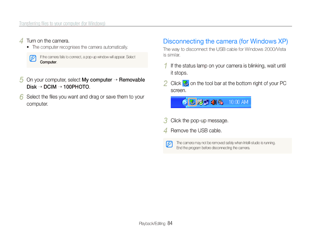 Samsung EC-ST500ZBPURU manual Disconnecting the camera for Windows XP, Screen Click the pop-up message Remove the USB cable 