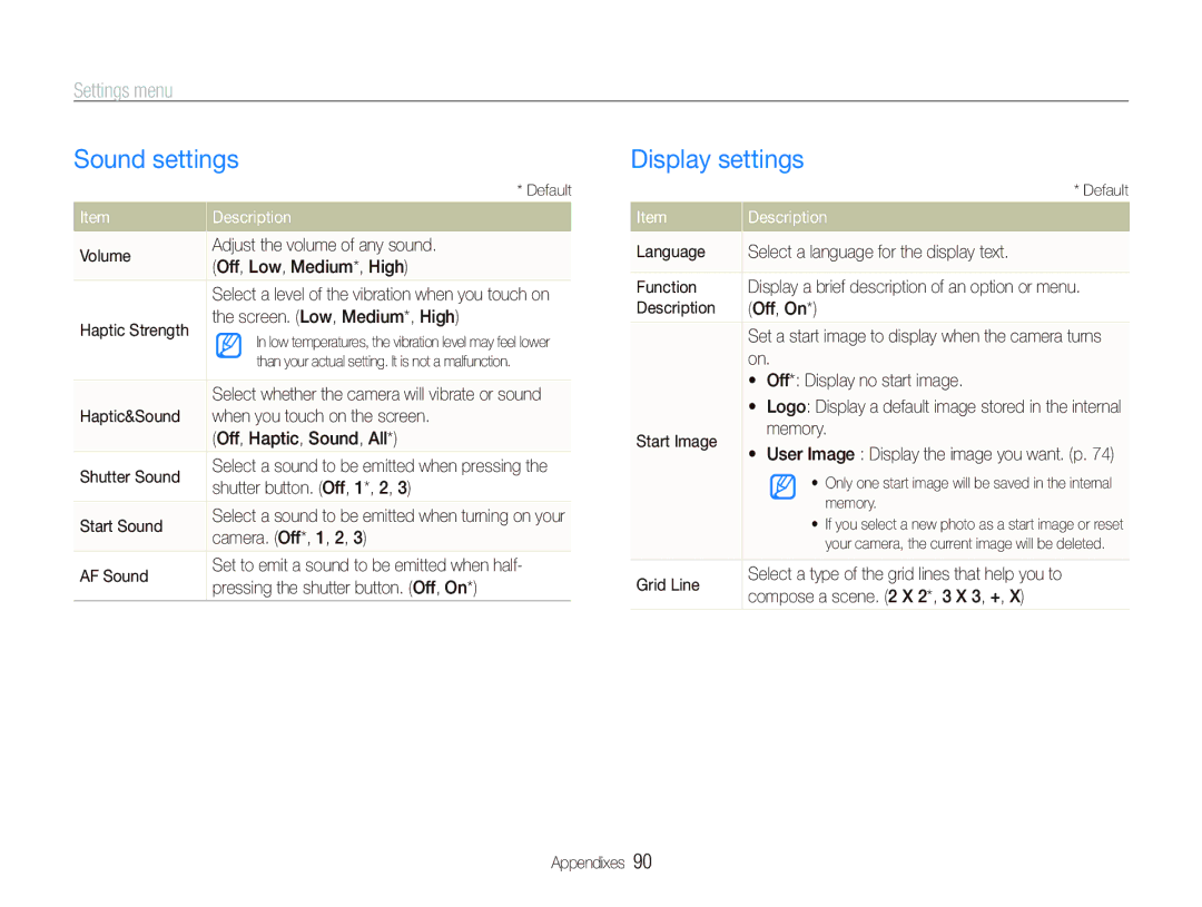 Samsung EC-ST500ZBPRIT, EC-ST510ZBPRE1, EC-ST500ZBASE1, EC-ST500ZBPSIT manual Sound settings, Display settings, Settings menu 