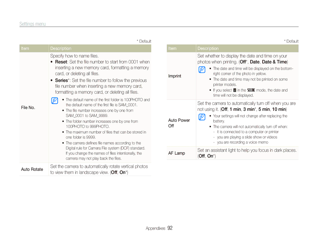 Samsung EC-ST500ZBPSIT Specify how to name ﬁles, Card, or deleting all ﬁles, File No, Auto Rotate, Imprint, Auto Power 