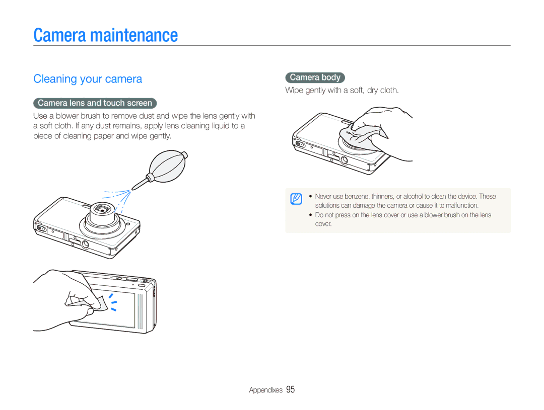 Samsung EC-ST500ZBPSAU, EC-ST510ZBPRE1 Camera maintenance, Cleaning your camera, Camera lens and touch screen, Camera body 