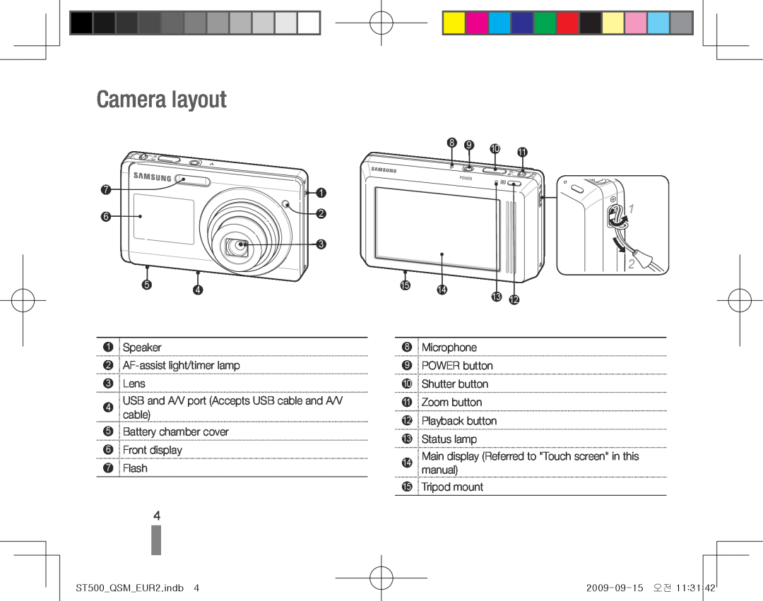 Samsung EC-ST500ZBPSFR Camera layout, Speaker 2 AF-assist light/timer lamp 3 Lens, Playback button 13 Status lamp, 8 9 10 