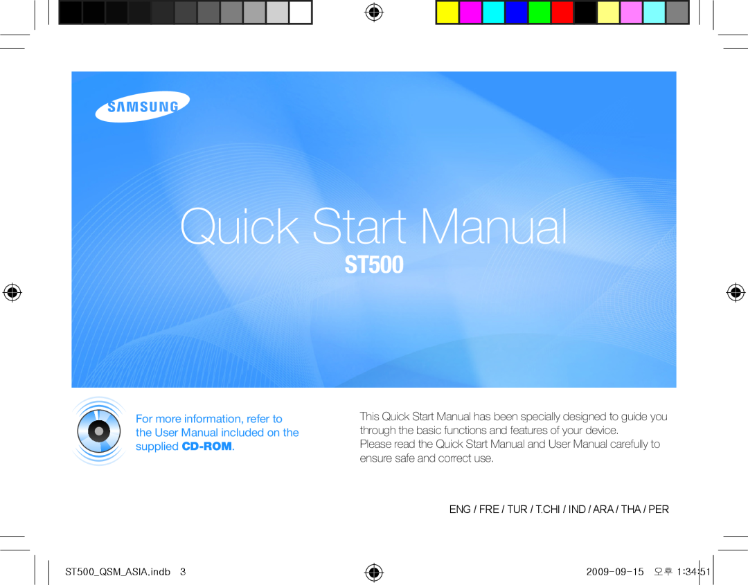 Samsung EC-ST500ZBPRIT, EC-ST510ZBPRE1 manual Quick Start Manual, ST500/ST510, ST500QSMEUR2.indb, 2009-09-15 오전 
