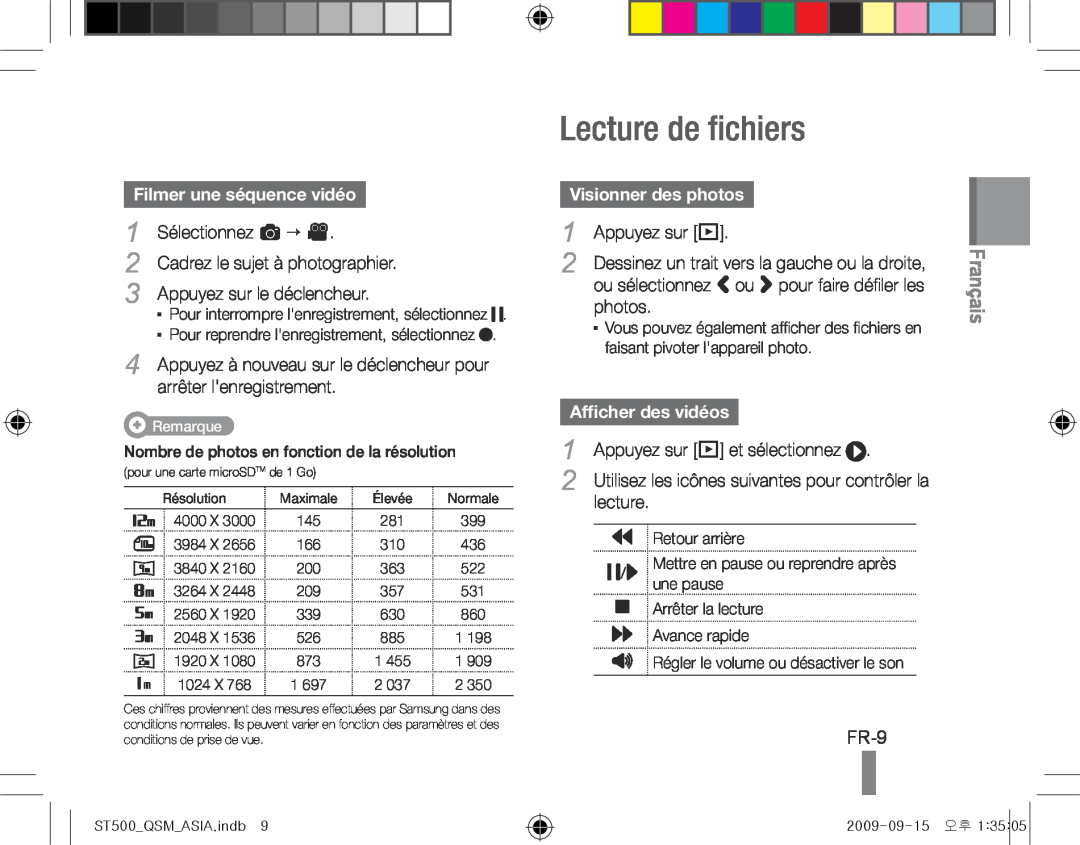 Samsung EC-ST500ZBPUDX manual Lecture de fichiers, FR-9, Filmer une séquence vidéo, Appuyez sur P, photos, lecture 