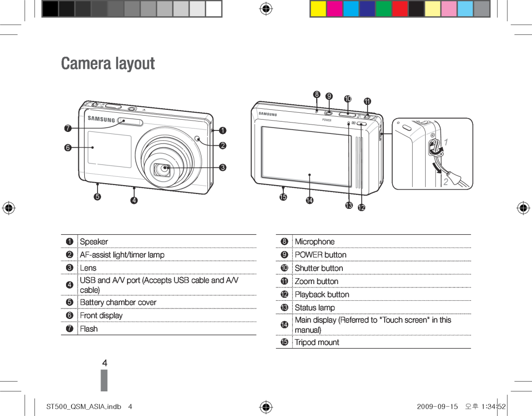 Samsung EC-ST500ZBPSFR manual Camera layout, Speaker 2 AF-assist light/timer lamp 3 Lens, Microphone, Tripod mount, 8 9 10 