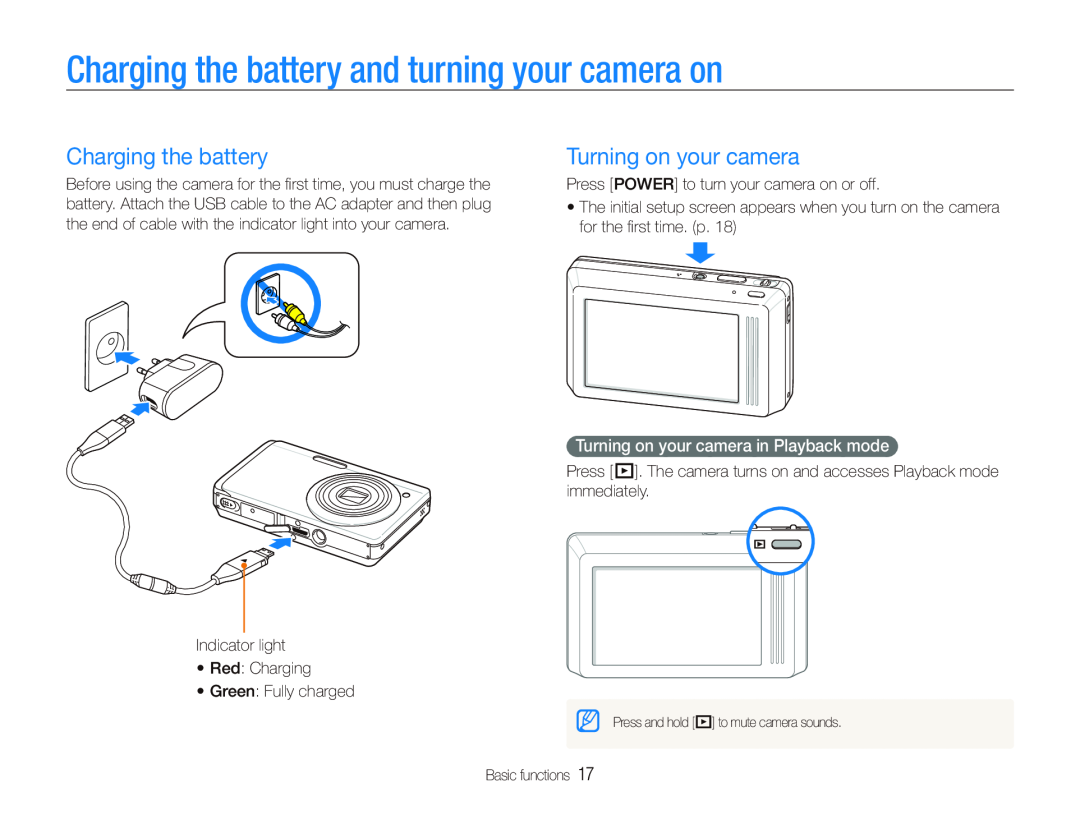 Samsung EC-ST500ZDPRME, EC-ST510ZBPRE1 manual Charging the battery and turning your camera on, Turning on your camera 