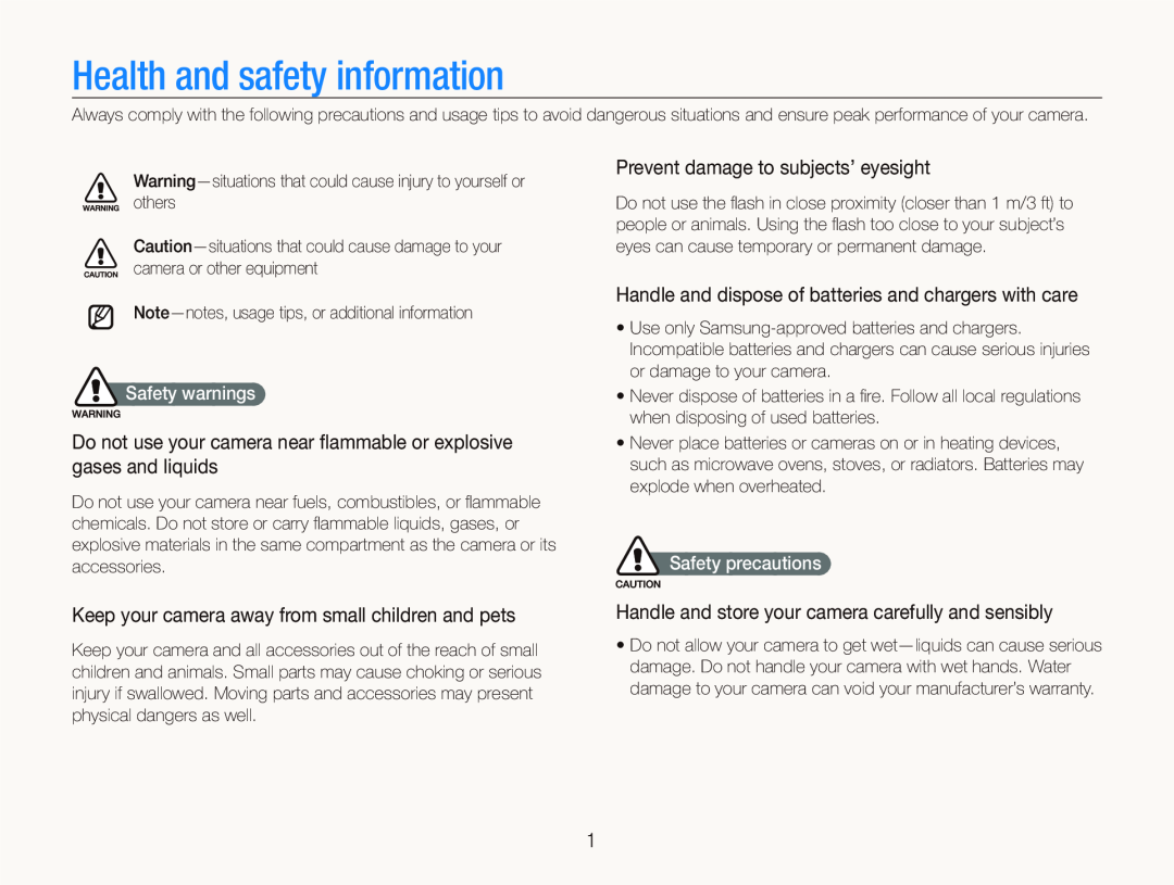 Samsung EC-ST500ZBASE1 manual Health and safety information, Prevent damage to subjects’ eyesight, Safety warnings 