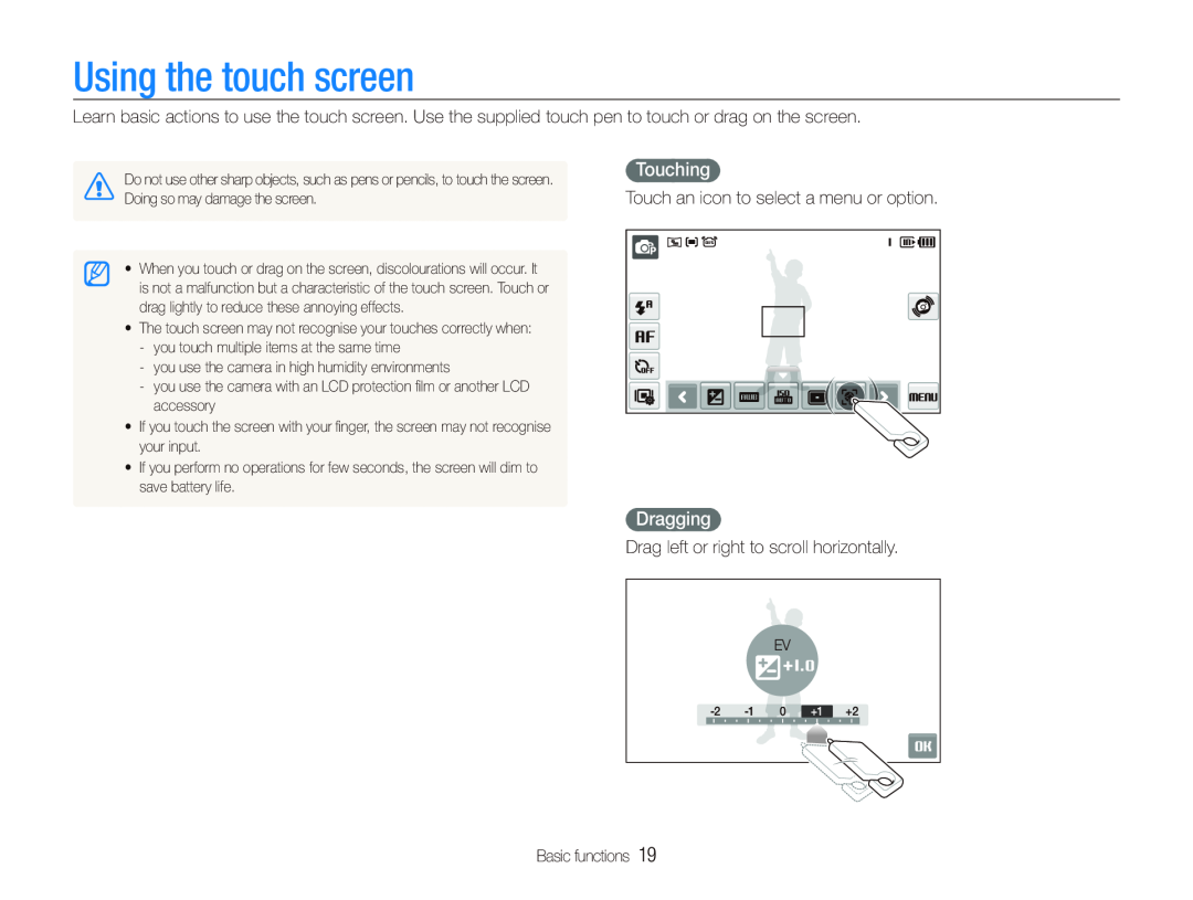 Samsung EC-ST500ZBPSDX, EC-ST510ZBPRE1, EC-ST500ZBPRIT, EC-ST500ZBASE1 manual Using the touch screen, Touching, Dragging 