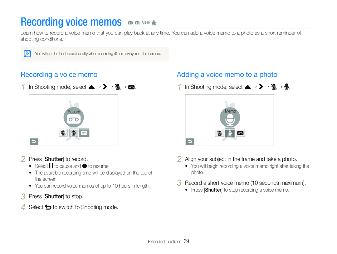 Samsung EC-ST500ZBPURU manual Recording voice memos a p s d, Recording a voice memo, Adding a voice memo to a photo, Select 