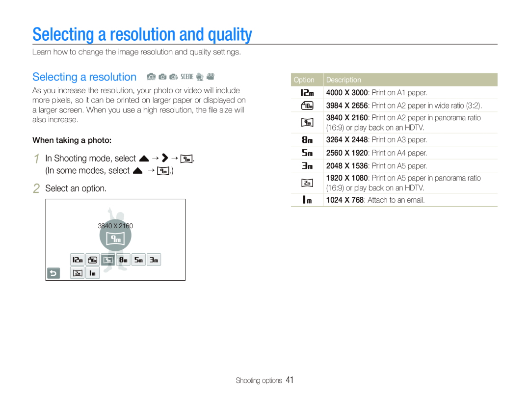 Samsung EC-ST500ZBPSRU manual Selecting a resolution and quality, Selecting a resolution S a p s d, Select an option 