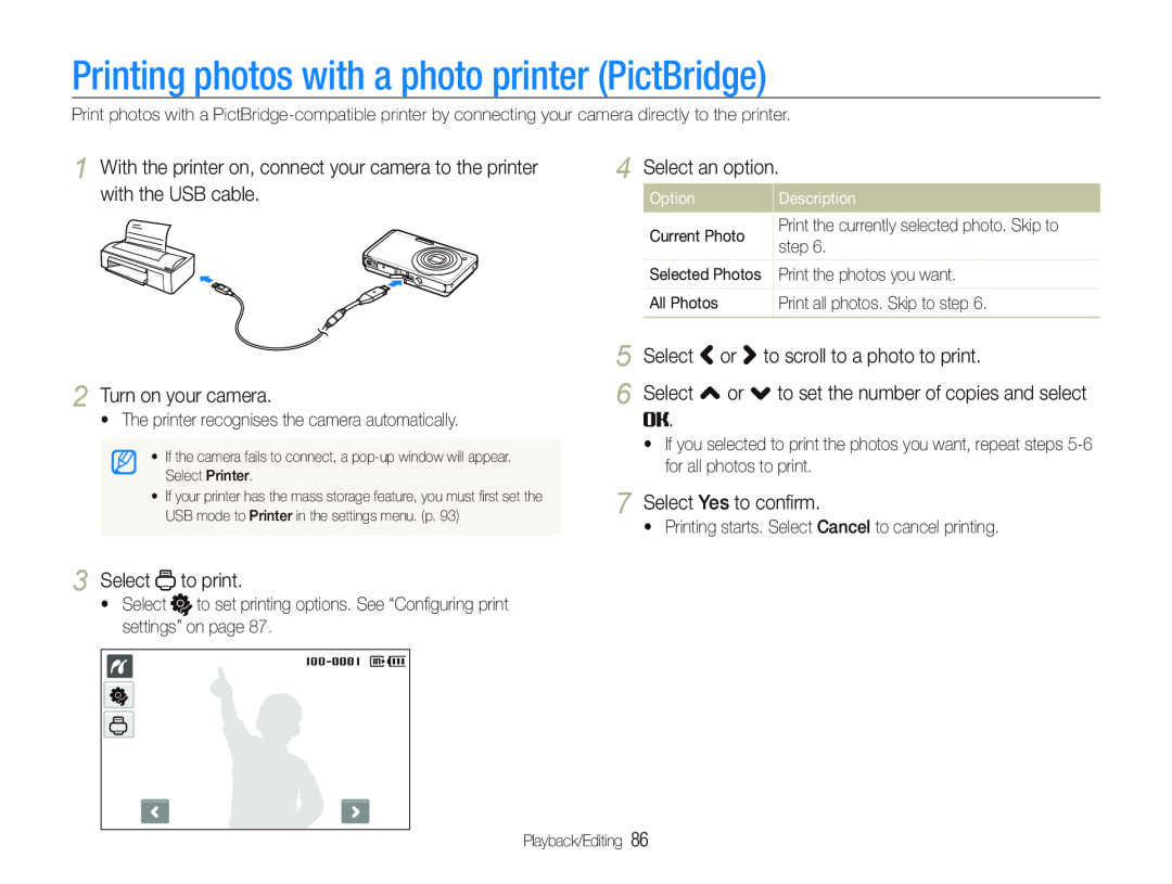 Samsung EC-ST500ZBPSRU manual Printing photos with a photo printer PictBridge, Turn on your camera, Select to print, Option 