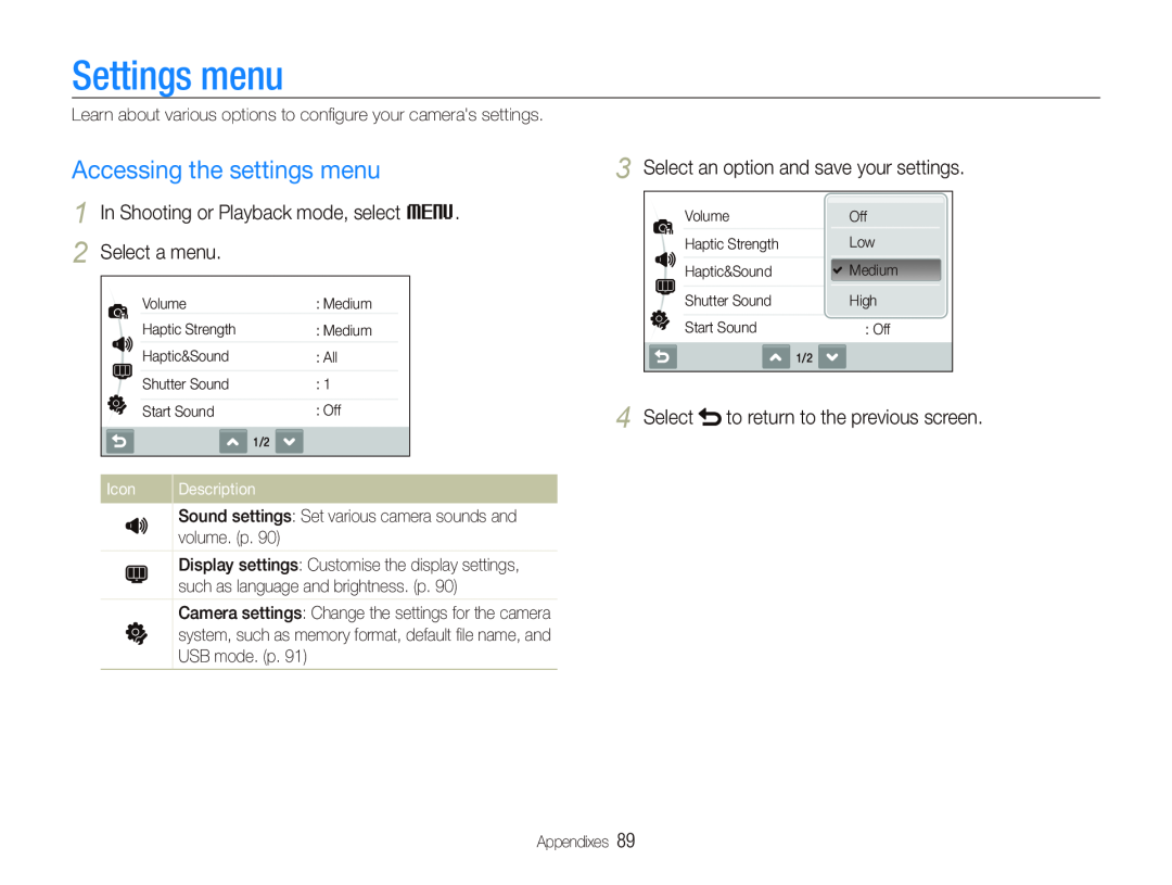 Samsung EC-ST510ZBPRE1 Settings menu, Accessing the settings menu, In Shooting or Playback mode, select M 2 Select a menu 