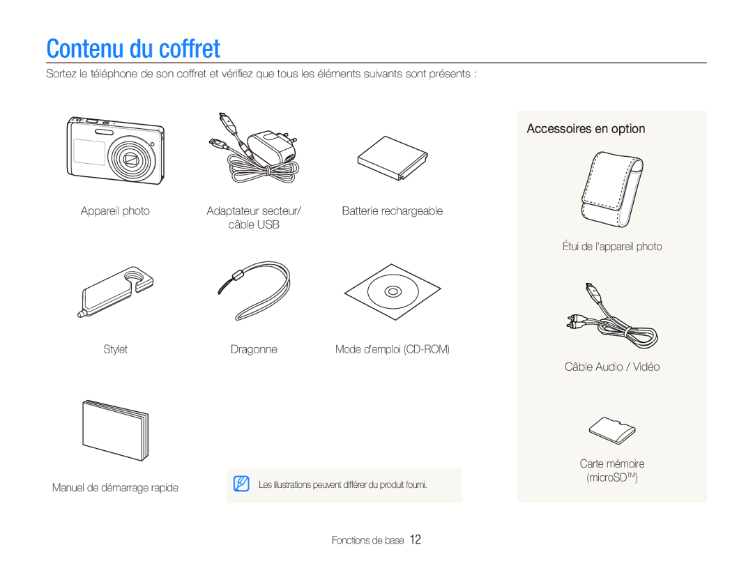 Samsung EC-ST510ZBPRE1 manual Contenu du coffret, Accessoires en option, Stylet Dragonne, Manuel de démarrage rapide 